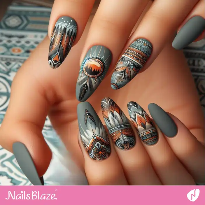 Matte Coast Salish Nature-inspired Nails |  Canadian | Tribal - NB1490